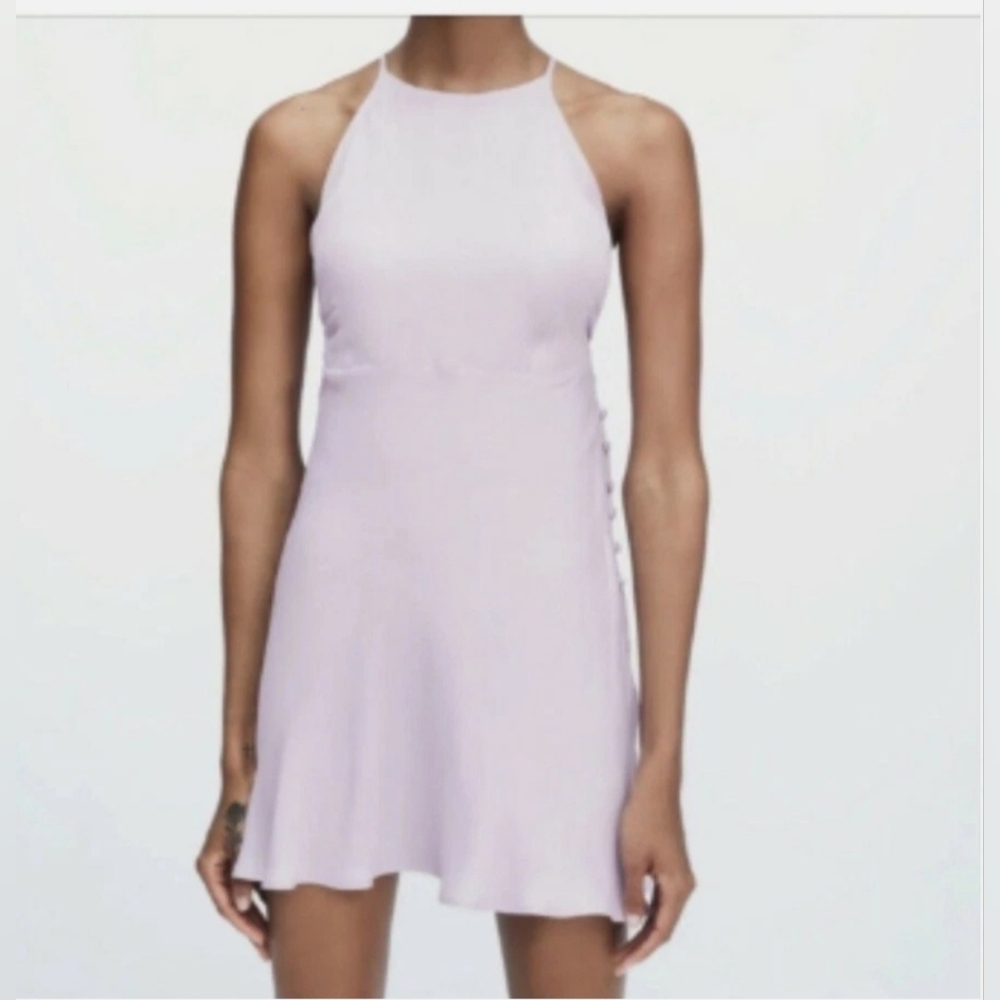 New Zara pastel lilac satin effect mini slip dress with a cross-back design - Picture 6 of 6